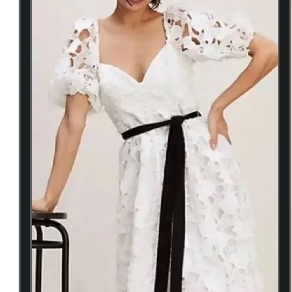 For Love & Lemons White Lace Midi Dress with Black Bow